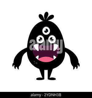 Monstre de dessin animé mignon. Créature noire drôle dans un style enfantin avec une grande bouche et des crocs. Illustration vectorielle Illustration de Vecteur