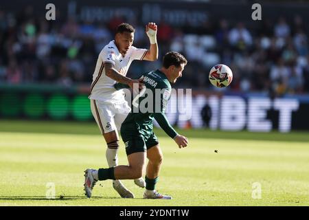 Swansea, Royaume-Uni. 26 octobre 2024. Ronald de Swansea City (à gauche) et Dan McNamara de Millwall (à droite) en action. Match de championnat EFL Skybet, Swansea City v Millwall au stade Swansea.com de Swansea, pays de Galles le samedi 26 octobre 2024. Cette image ne peut être utilisée qu'à des fins éditoriales. Usage éditorial exclusif, photo par Andrew Orchard/Andrew Orchard photographie sportive/Alamy Live News crédit : Andrew Orchard photographie sportive/Alamy Live News Banque D'Images