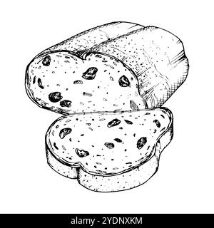Illustration vectorielle de pain aux raisins tranché avec une texture détaillée. Idéal pour la conception de boulangerie, livre de recettes, emballage alimentaire ou projets à thème petit-déjeuner Illustration de Vecteur