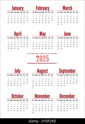 calendrier de poche pour 2025. Modèle de calendrier vectoriel pour les entreprises Illustration de Vecteur