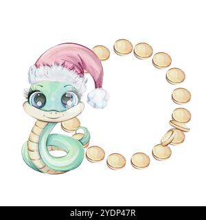 Adorable Cartoon Snake en chapeau de Père Noël rouge avec une charmante couronne entourée d'un cercle cadre de pièces de monnaie. Symbole richesse de Chines nouvel an 2025 in Illustration de Vecteur