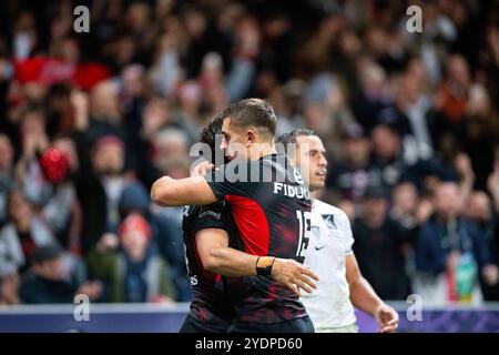 Toulouse, France. 27 octobre 2024. Ange Capuozzo de Toulouse célébrant le match du championnat de France Top 14 de rugby à xv entre le stade Toulousain et le RC Toulon le 27 octobre 2024 au stade de Toulouse, France - photo Nathan Barange/DPPI crédit : DPPI Media/Alamy Live News Banque D'Images