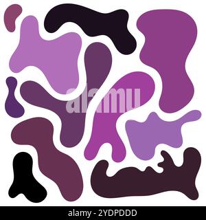 Formes de blob plates organiques abstraites liquides, silhouettes. Éléments fluides dans les tons violets. Bulles et gouttes dans le style tendance y2k. Taches, gouttes set. Illustration de Vecteur