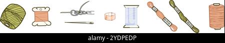 Ensemble de couture. Enfile des bobines, des aiguilles avec des points de suture et Thimble. Illustration vectorielle colorée dessinée à la main des accessoires pour la couture. Outils pour Illustration de Vecteur