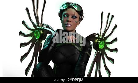 Infographie 3d d'une femme Cyborg avec des ailes métalliques découpées Banque D'Images