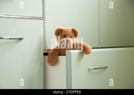 Un bébé ours en peluche brun jette un coup d'œil sur le tiroir de l'appartement Banque D'Images