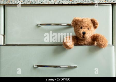 Un bébé ours en peluche brun jette un coup d'œil sur le tiroir de l'appartement Banque D'Images