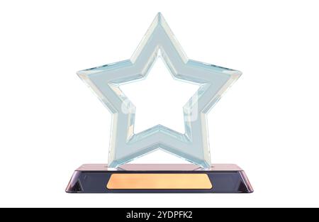 Récompense en cristal en forme d'étoile transparente, trophée de récompense en verre, maquette. Rendu 3D isolé sur fond blanc Banque D'Images