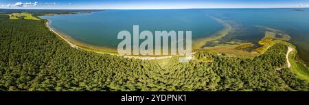 Vue panoramique aérienne de la péninsule de Saare Nina sur l'île de Hiiumaa en Estonie, été 2024 et ses environs Banque D'Images