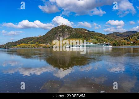 Drachenfels, ein Berg im Siebengebirge am Rhein zwischen Bad Honnef und Königswinter, mit Burgruine Drachenfels und Schloß Drachenburg, links, Schiffsverkehr auf dem Rhein, NRW, Deutschland, Drachenfels *** Drachenfels, une montagne dans le Siebengebirge sur le Rhin entre Bad Honnef et Königswinter, avec les ruines du château de Drachenfels et Drachenburg, bateau à gauche, Allemagne, Drachenfels Banque D'Images