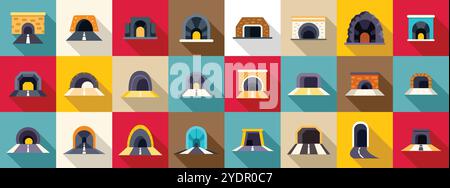 Icônes de tunnel de voûte définies. Ensemble d'icônes de tunnel montrant des passages de métro routier ou ferroviaire, passage souterrain, mine, illustration vectorielle plate de grotte Illustration de Vecteur
