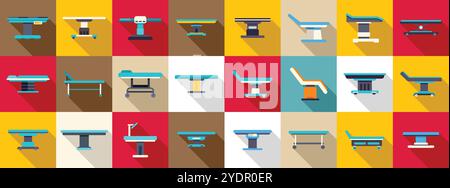 Jeu d'icônes de table d'opération médicale. Divers brancards médicaux et tables d'opération fournissent un soutien essentiel pour les soins aux patients et les procédures chirurgicales dans les environnements de soins de santé Illustration de Vecteur