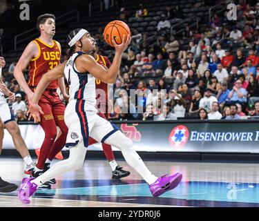 Menifee, Californie, États-Unis. 26 octobre 2024. Le garde Gonzaga Ryan Nembhard (0) se dirige vers le panier pendant le match. (Crédit image : © Ardie Crenshaw/ZUMA Press Wire) USAGE ÉDITORIAL SEULEMENT! Non destiné à UN USAGE commercial ! Banque D'Images