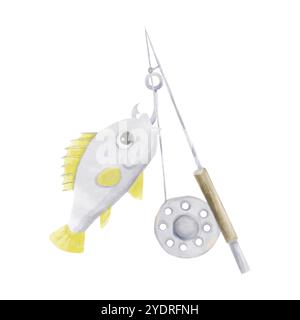 Illustration de composition d'aquarelle avec poisson, crochet et canne à pêche avec grande bobine ronde. Images à utiliser pour l'impression et le Web. Banque D'Images