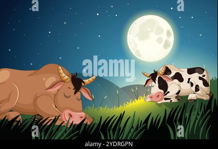 Deux vaches reposant paisiblement dans un champ au clair de lune Illustration de Vecteur