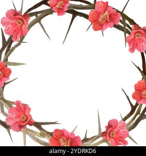 Couronne d'épines avec des fleurs rouges illustration aquarelle isolée sur blanc. Art de haute qualité pour cartes, affiches, autocollants, Pâques, Pâques, Pâques, Saint Banque D'Images