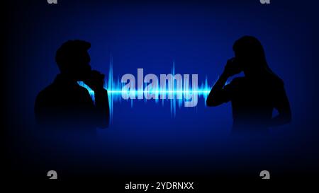 silhouettes femme et homme deux individus engagés dans une conversation téléphonique. Chaque personnage tient un combiné téléphonique à son oreille. suggérer un d Illustration de Vecteur