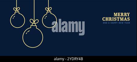 Bannière joyeux Noël avec ornements suspendus. Carte de voeux de vacances contour doré Design en illustration de fond bleu foncé. Tendance festive Illustration de Vecteur
