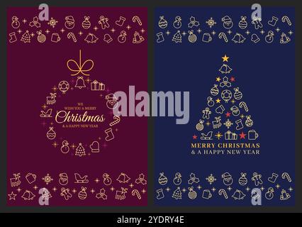 Joyeux Noël et motif carte de bonne année. Arbre de Noël et couronne ou boule de Noël icône affiche, carte de voeux, bannière web ou fond Illustration de Vecteur