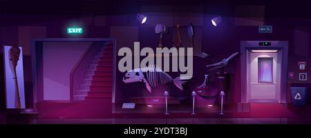 Dessin animé nuit sombre musée archéologique intérieur avec exposition présentant un grand squelette de poisson, divers artefacts de personnes préhistoriques sur le mur, porte avec escalier et panneau de sortie et ascenseur ouvert. Illustration de Vecteur
