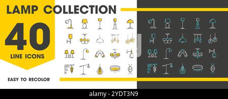Icônes de ligne de témoin lumineux. Lanterne et lustre, bougie et projecteur, halogène et lampe de poche. Ensemble d'appareils d'éclairage linéaire vectoriel isolé avec des designs chics et élégants pour l'éclairage Illustration de Vecteur
