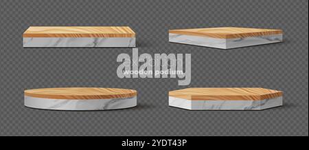 Scène de podium au sol en marbre blanc avec plaque en bois. Bases marbrées géométriques vectorielles avec des surfaces en bois élégantes. Présentoirs ou plateformes pour expositions, présentations ou présentation de produits écologiques naturels Illustration de Vecteur