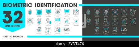 Icônes biométriques de lignes d'identification, de reconnaissance et de vérification. Balayage vectoriel du visage et des empreintes digitales, identification d'identité, accès vocal et signature numérique, signes de reconnaissance de l'ADN, des yeux, de la paume et de l'oreille Illustration de Vecteur