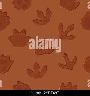 Motif sans couture d'empreinte de dinosaure. Fond de vecteur de dessin animé avec l'impression de patte d'animal de reptile antique Dino sur le sol. Jurassique fossiles archéologiques et paléontologiques de l'époque préhistorique Illustration de Vecteur