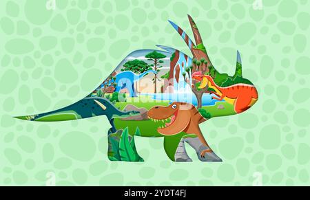 Dinosaure coupé en papier préhistorique avec paysage de lézards de l'ère jurassique dans la forêt, bannière vectorielle. Bande dessinée amusante préhistorique T-rex tyrannosaurus avec des reptiles ou des lézards dans la forêt de la jungle avec cascade Illustration de Vecteur