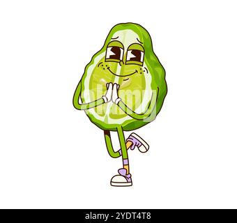 Groovy tropical demi fruit bergamote caractère dans la pose de yoga, respire un sens de l'équilibre, zen, pleine conscience et bien-être. Vecteur de dessin animé isolé funky fruit Personage favorise un mode de vie calme et sain Illustration de Vecteur