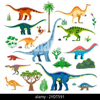 Dinosaures préhistoriques et lézards de dessin animé Jurassique pour la collection de dinosaures pour enfants, jouets vectoriels. Drôle de dinosaures mignons collection d'amygalodon avec titanosauria et trabosaurus pour l'archéologie ou l'éducation Illustration de Vecteur