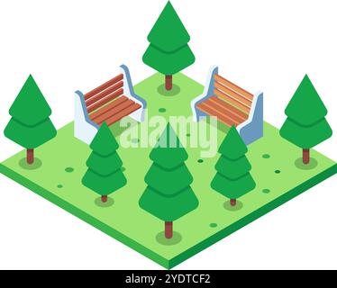 Vue isométrique d'un paisible parc verdoyant de la ville avec deux bancs vides nichés parmi les arbres à feuilles persistantes, offrant un lieu de repos et de détente Illustration de Vecteur