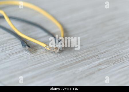 Un affichage minimaliste des cordons Ethernet, essentiel pour établir des connexions réseau fiables et sécurisées à la maison et au bureau. Banque D'Images