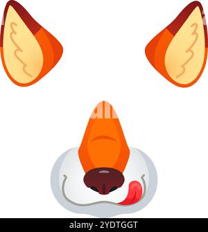 Masque facial de renard de dessin animé avec oreilles orange, museau blanc, nez noir et langue rose sortant, isolé sur fond blanc Illustration de Vecteur