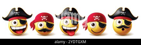 Jeu de vecteurs de caractère pirate emoji. Emojis emoticon collection de personnages 3D comme corsaire, capitaine et marin portant chapeau et patch costumes. Illustration de Vecteur