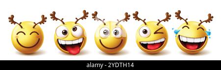 Jeu de vecteurs de caractère renne emoji. Emojis émoticône renne personnage dans méchant, heureux, clin d'œil et riant expression faciale pour les vacances de Noël Illustration de Vecteur
