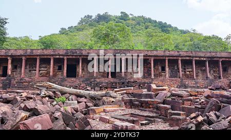 Ruines dans le campus du temple Jain, partie d'un groupe de temples datant du Xe siècle, situé à Budhi Chanderi, Madhya Pradesh, Inde. Banque D'Images