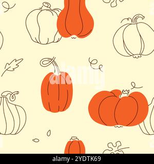 Motif citrouilles orange sans couture. Doodle dessiné à la main récolte arrière-plan sans fin. Imprimé moderne. Illustration de Vecteur