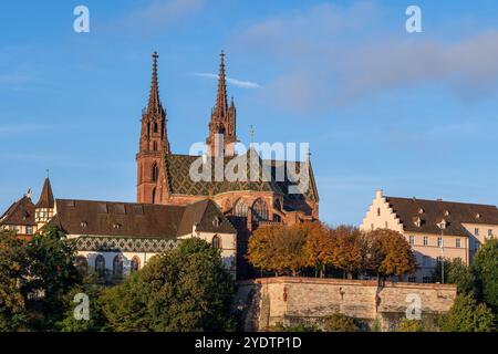 Bâle, Suisse - Cathédrale de Bâle Minster (Basler Munster) et plate-forme d'observation de la falz Palatinat de Bâle, monuments de la ville. Banque D'Images