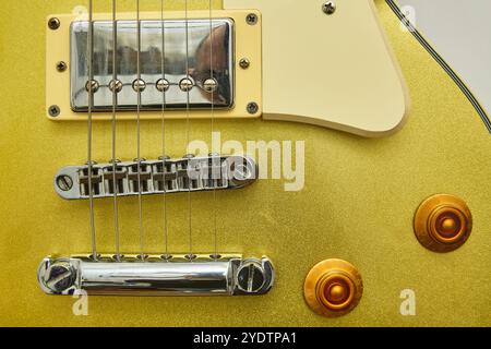 Photographie rapprochée d'une guitare électrique plaquée or vintage, détails Banque D'Images