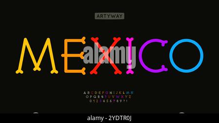 Alphabet en os coloré, lettres de style mexicain ludique, police festive pour des vacances joyeuses, lettrage culturel vibrant, logo du patrimoine vivant. Diam Illustration de Vecteur