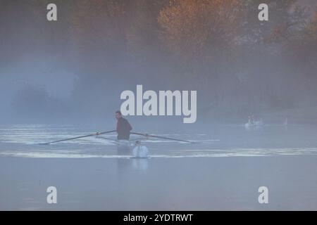 Photo datée du 27 octobre montre des rameurs sur la rivière Cam à Cambridge par un dimanche matin calme et brumeux au lever du soleil. Les prévisions de met Office pour Banque D'Images