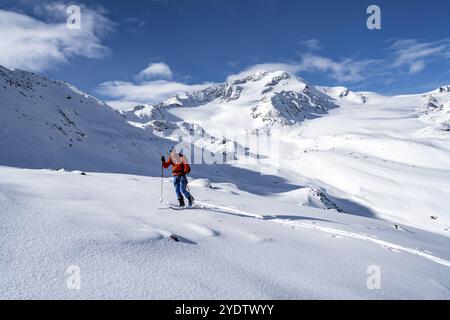 Ski randonneurs dans un paysage de montagne enneigé, sommet de montagne Monte Cevedale et glacier Zufallferner, ascension au sommet Koellkuppe ou Cima Marmo Banque D'Images