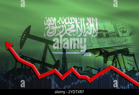 Production de pétrole avec drapeau saoudien, industrie pétrolière. Pompes à huile avec drapeau saoudien Banque D'Images