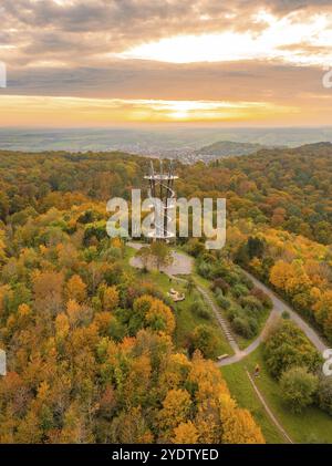 Tour d'observation dans un paysage forestier automnal au coucher du soleil avec feuillage coloré et chemins, Schoenbuchturm, Herrenberg, Allemagne, Europe Banque D'Images