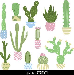 Lot de 11 cactus mignons dans des pots pastel Illustration de Vecteur