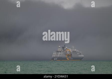 Brise-glace dans le brouillard, port de Dunes, île Devon, Nunavut, Arctique canadien, Canada, Amérique du Nord Banque D'Images