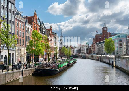 Canal Singel avec tour Munttoren en arrière-plan, Amsterdam, pays-Bas, Europe Banque D'Images
