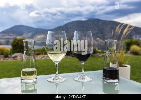 Mini carafes et verres à vin remplis de vins rouges et blancs Focus sélectif, lac Okanagan canadien, région de la vallée, Colombie-Britannique BC Canada Banque D'Images