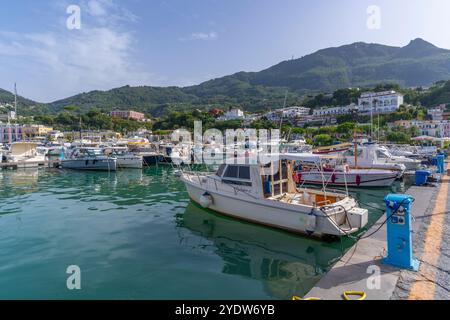 Vue des bateaux de la marina et de la ville à Casamicciola terme, île d'Ischia, Campanie, Italie, Europe Banque D'Images